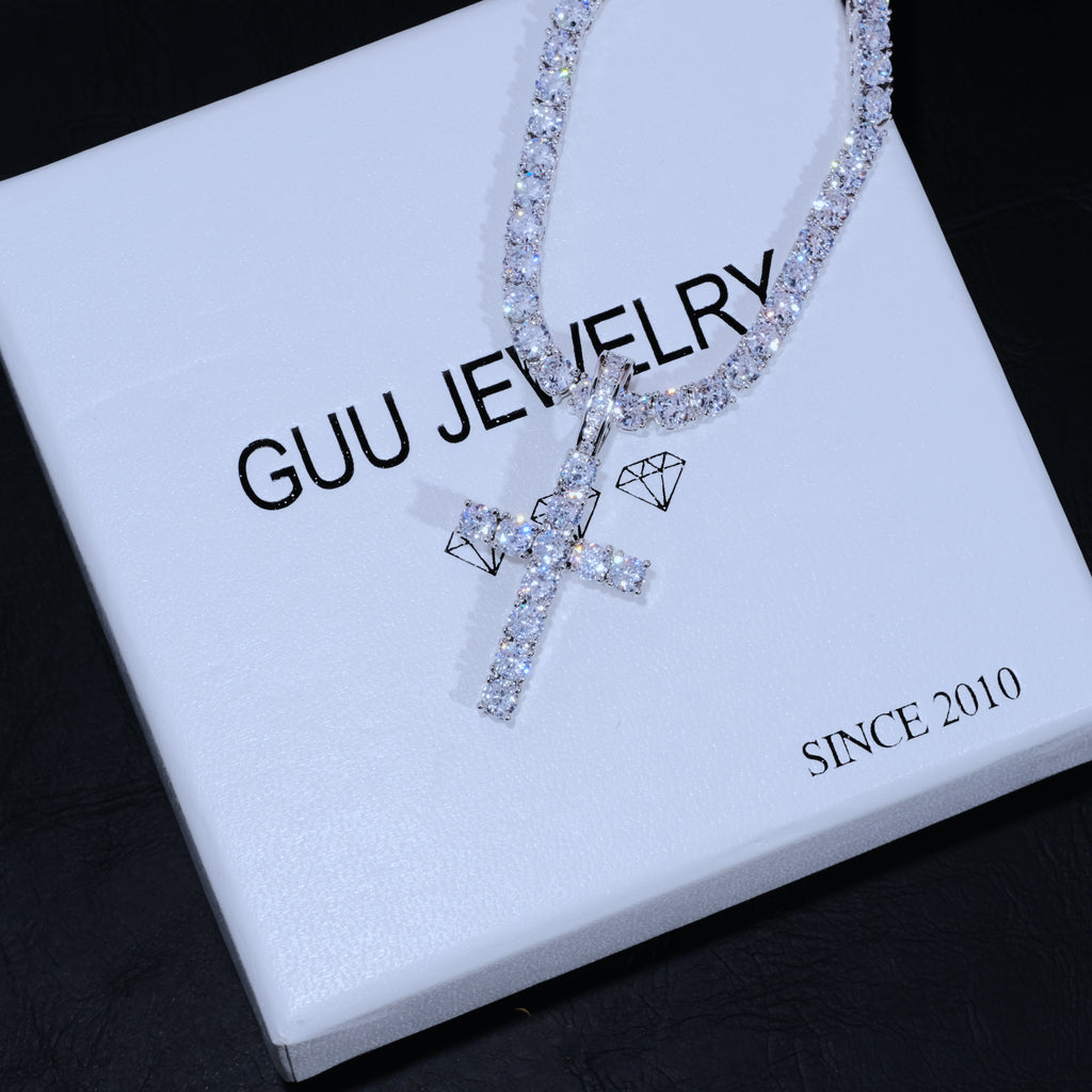 Bundle White Gold Diamond Cross + 4mm Diamond Tennis Chain - The GUU Shop
