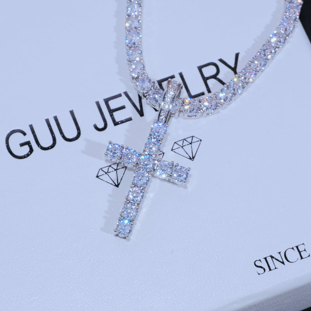 Bundle White Gold Diamond Cross + 4mm Diamond Tennis Chain - The GUU Shop