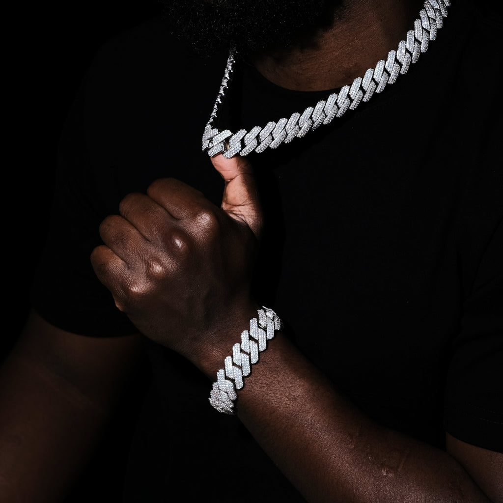 19MM 3Row Prong Cuban Link Necklace + Bracelet Bundle In WhiteGold - The GUU Shop