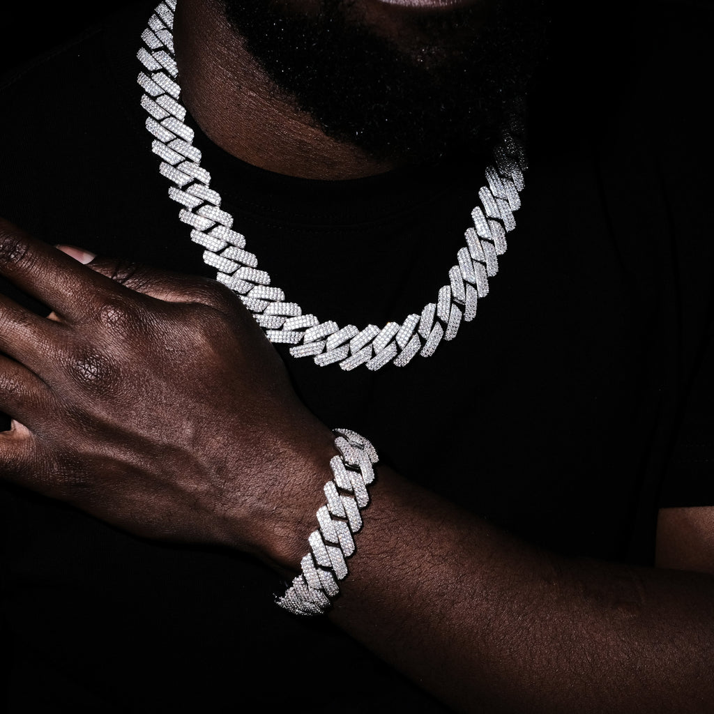 19MM 3Row Prong Cuban Link Necklace + Bracelet Bundle In WhiteGold - The GUU Shop