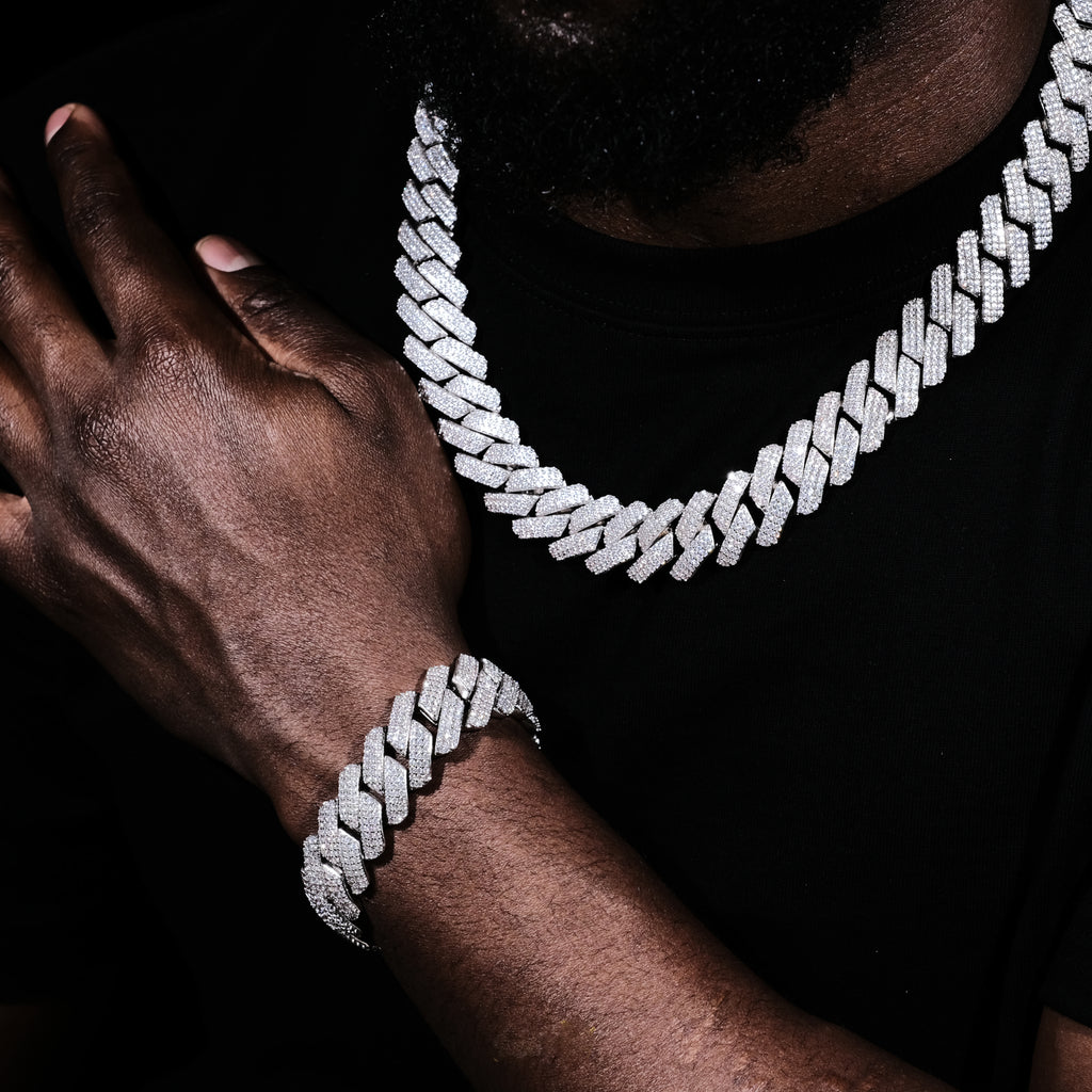 19MM 3Row Prong Cuban Link Necklace + Bracelet Bundle In WhiteGold - The GUU Shop