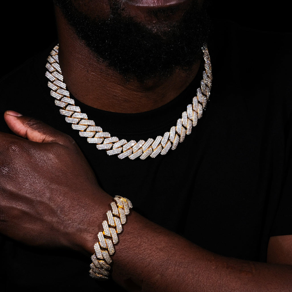 19MM 3Row Prong Cuban Link Necklace + Bracelet Bundle In 18K Gold - The GUU Shop