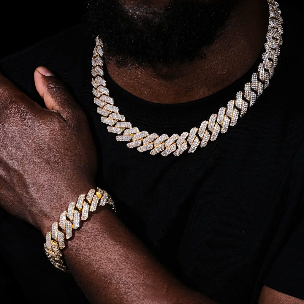 19MM 3Row Prong Cuban Link Necklace + Bracelet Bundle In 18K Gold - The GUU Shop