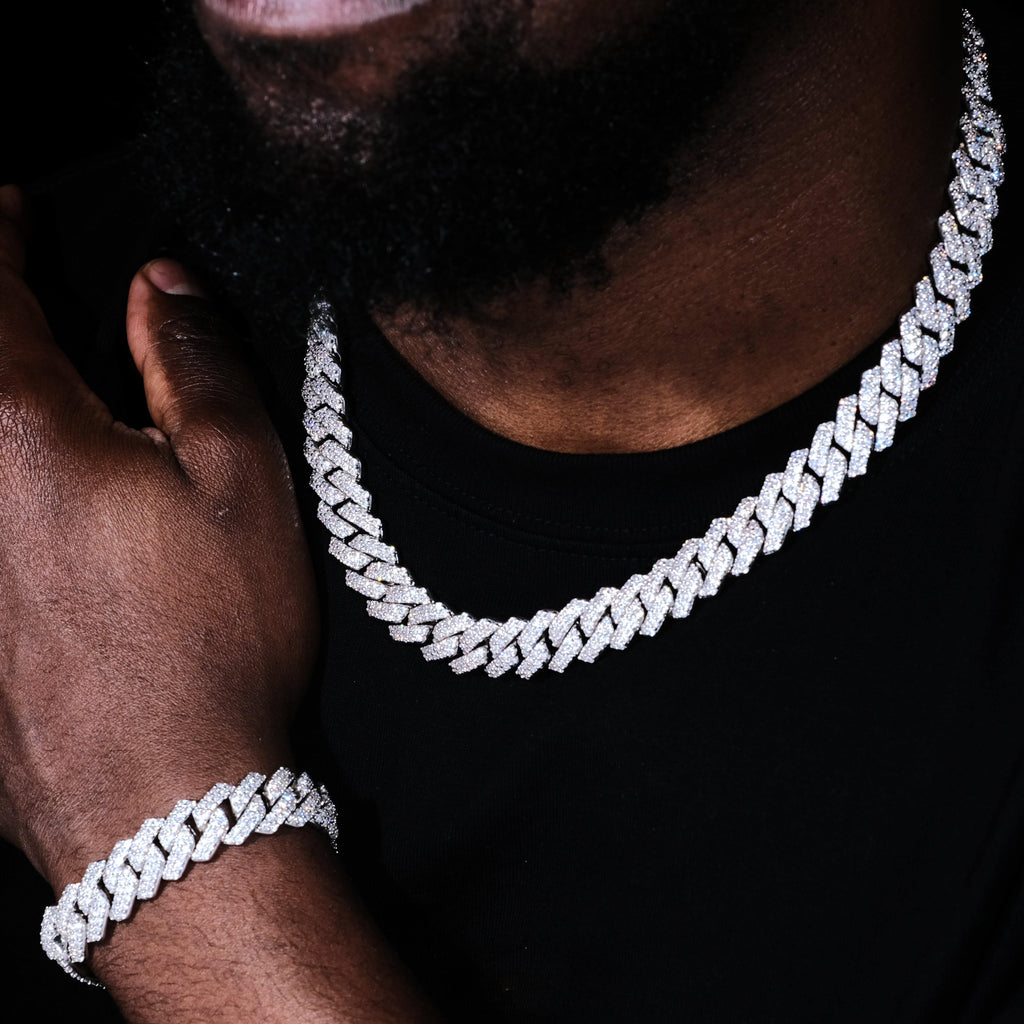 14MM 2Row Prong Cuban Link Necklace + Bracelet Bundle In White Gold - The GUU Shop