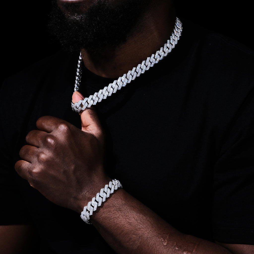 14MM 2Row Prong Cuban Link Necklace + Bracelet Bundle In White Gold - The GUU Shop