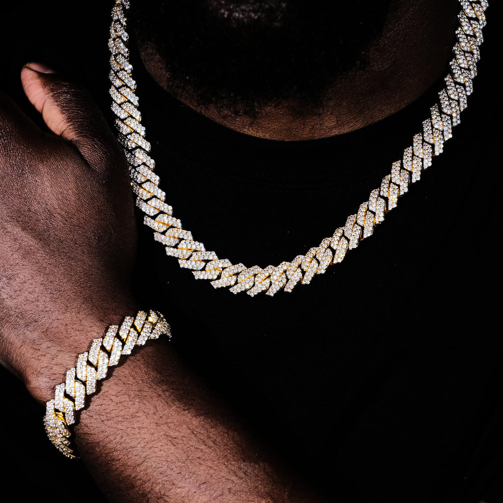 14MM 2Row Prong Cuban Link Necklace + Bracelet Bundle In 18K Gold - The GUU Shop