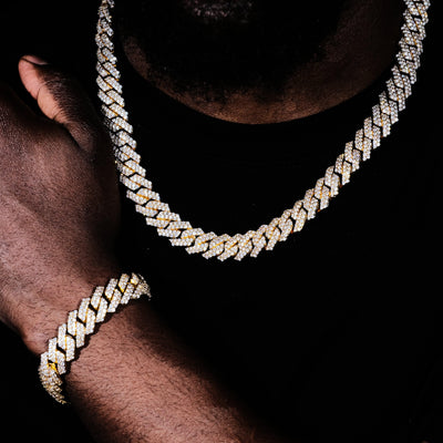14MM 2Row Prong Cuban Link Necklace + Bracelet Bundle In 18K Gold - The GUU Shop