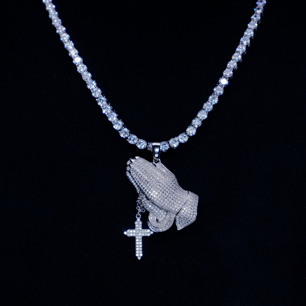 S925 Silver Iced  Praying hand BlingBling Pendant In WhiteGold-Plated