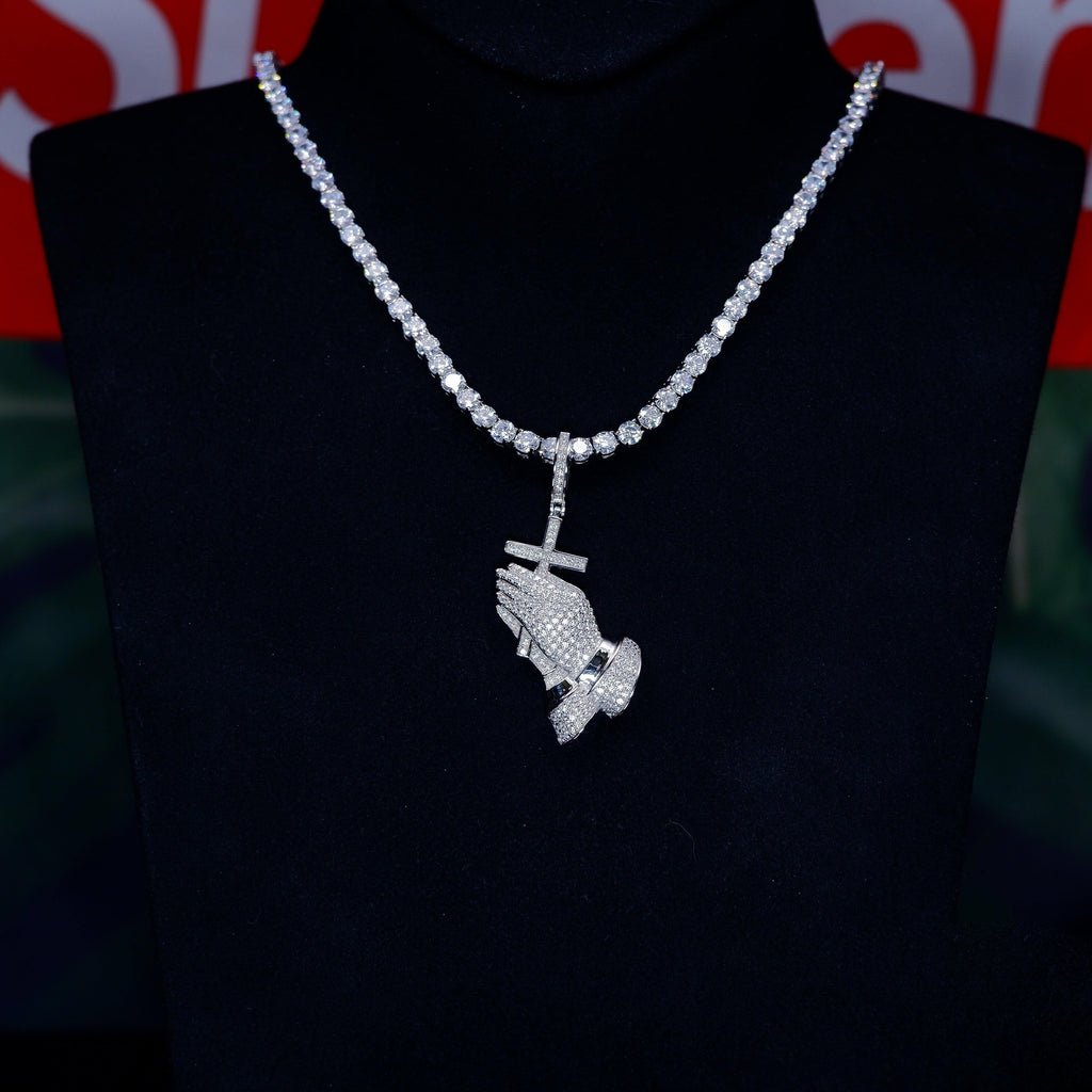 S925 Silver Iced  Praying BlingBling Pendant In WhiteGold-Plated