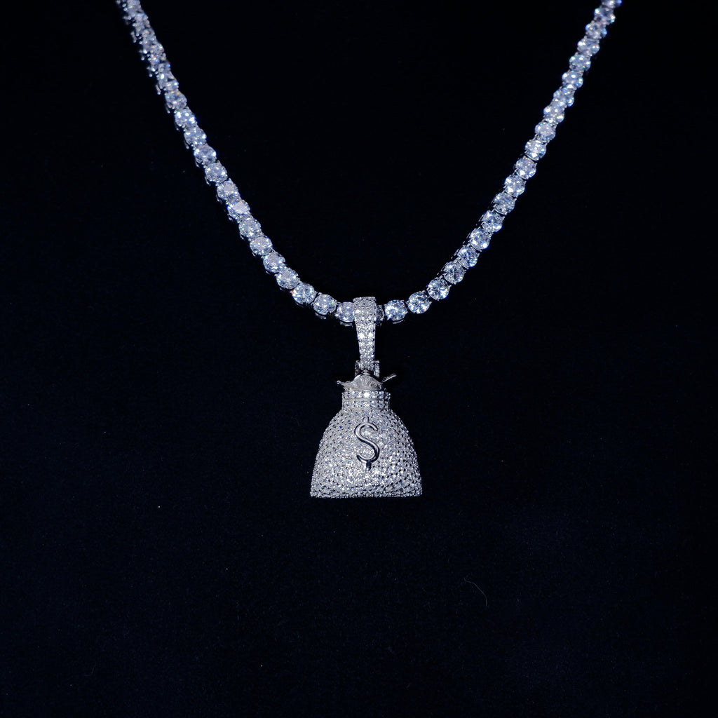 S925 Silver Money purse BlingBling Iced  Pendant In WhiteGold-Plated