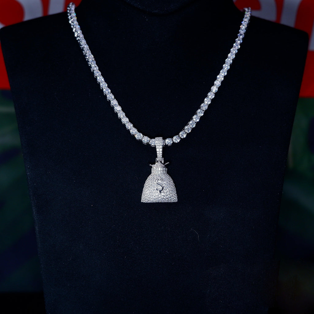 S925 Silver Money purse BlingBling Iced  Pendant In WhiteGold-Plated