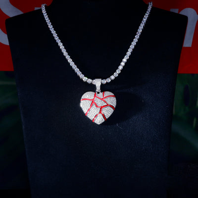 S925 Silver Diamond Cracked heart BlingBling Iced Pendant In WhiteGold-Plated