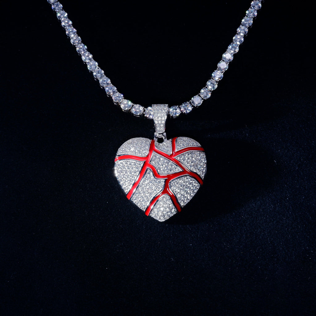 S925 Silver Diamond Cracked heart BlingBling Iced Pendant In WhiteGold-Plated