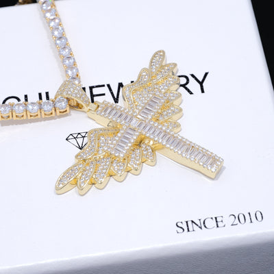 Baguette Iced Cross With Wing Necklace - The GUU Shop