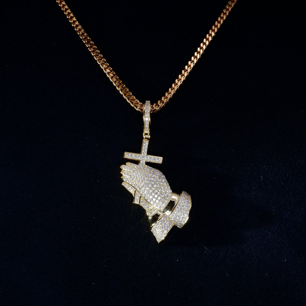 S925 Silver Praying BlingBling Iced  Pendant In Gold-Plated