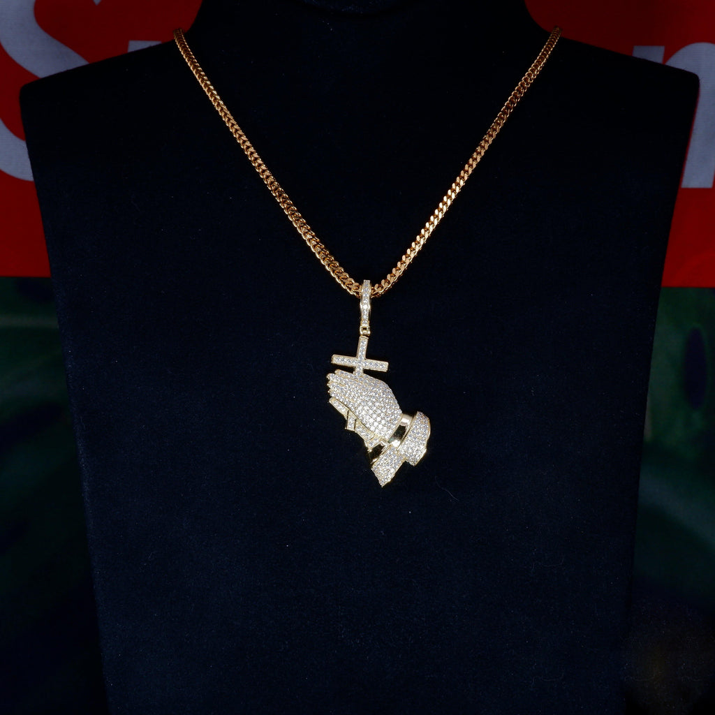 S925 Silver Praying BlingBling Iced  Pendant In Gold-Plated