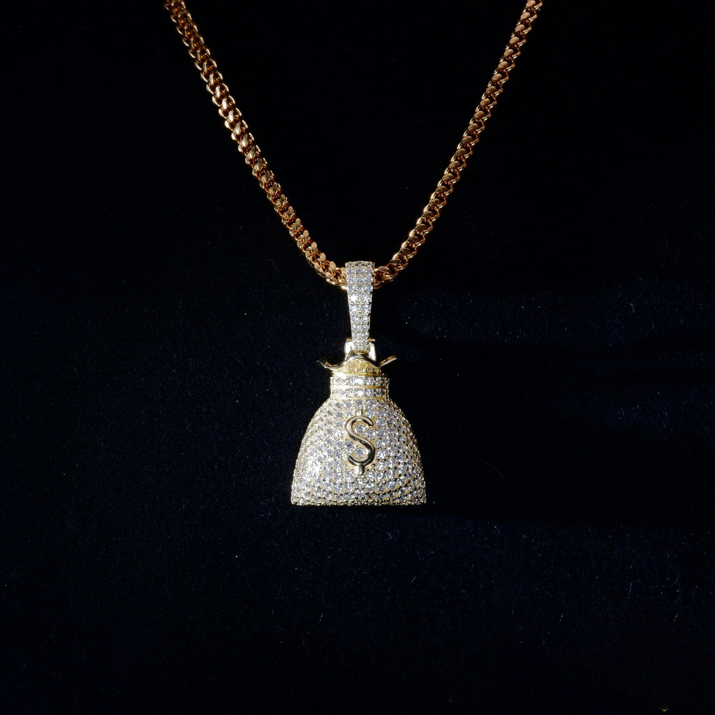S925 Silver  Money purse BlingBling Iced Pendant In Gold-Plated