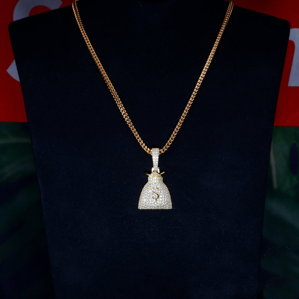 S925 Silver  Money purse BlingBling Iced Pendant In Gold-Plated