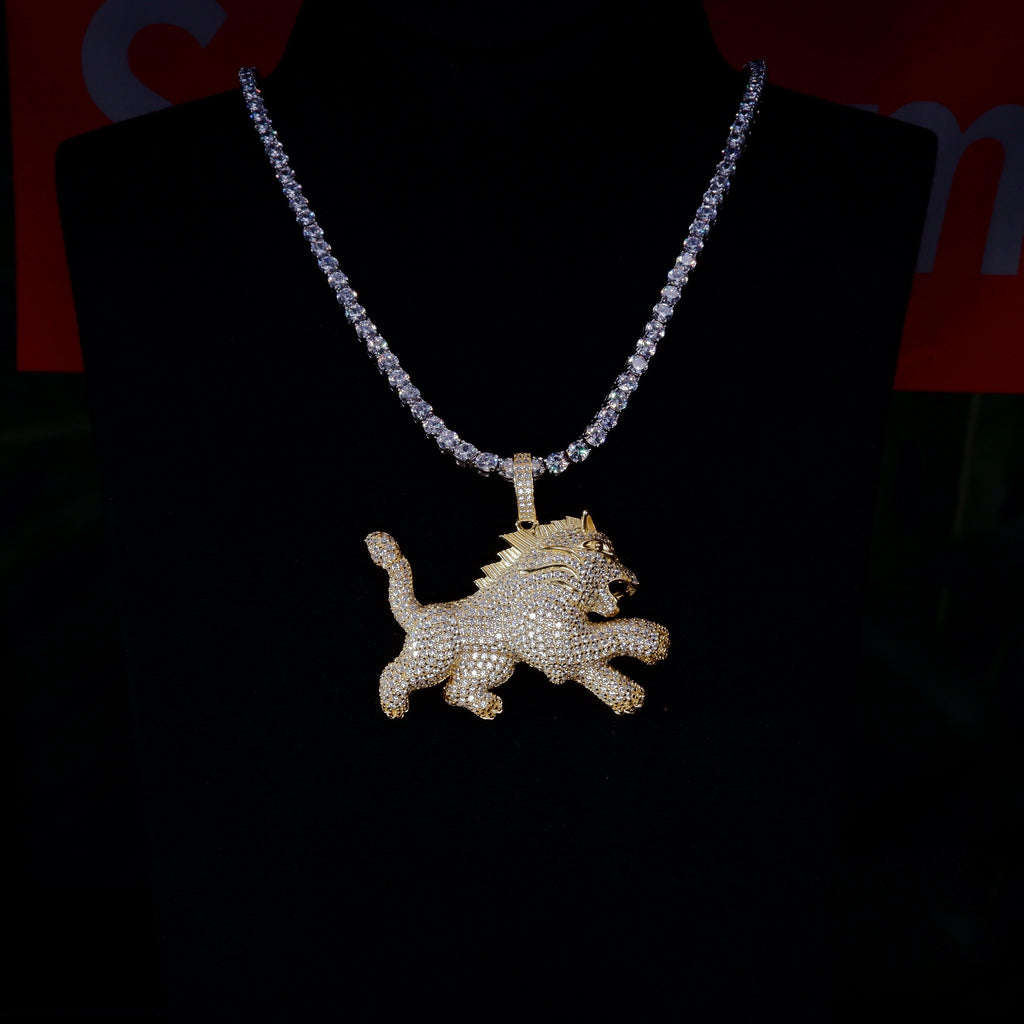 S925 Silver Diamond Lion BlingBling Iced Pendant In Gold-Plated