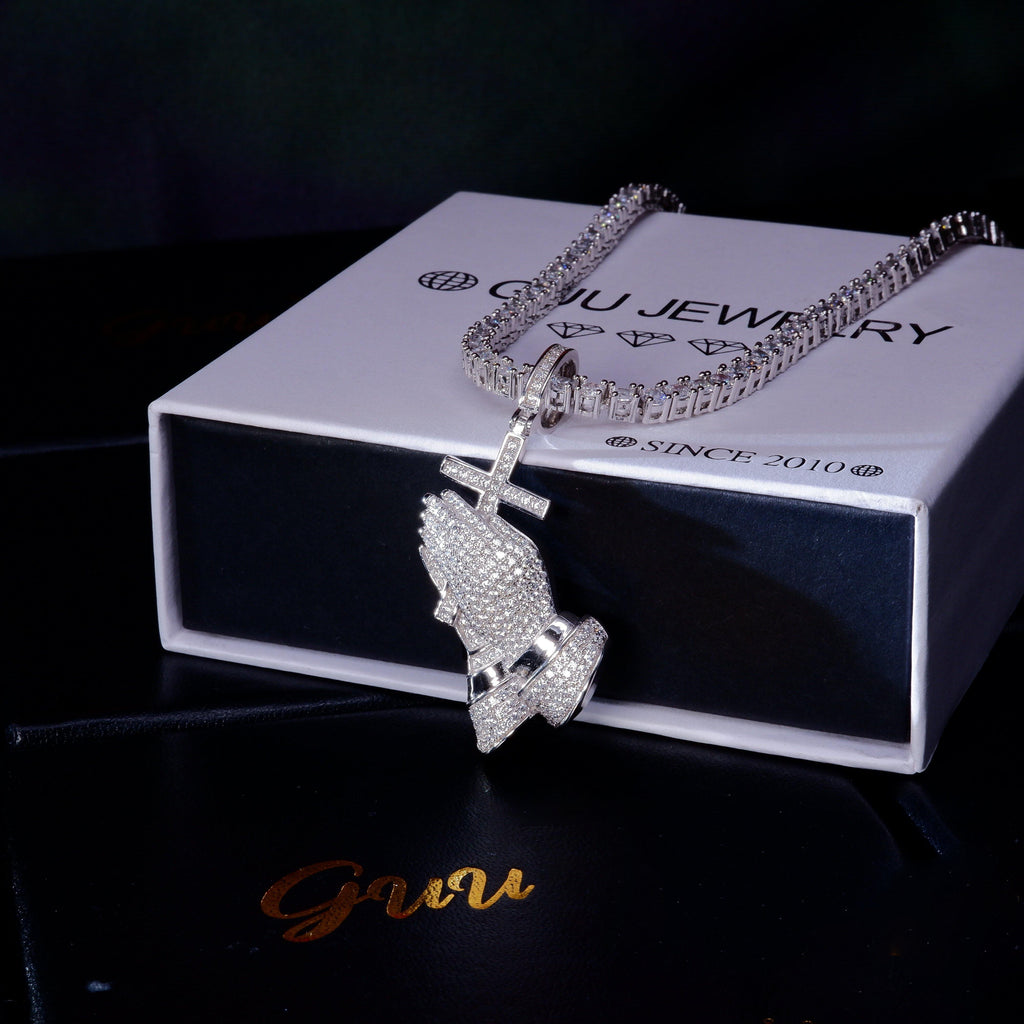 S925 Silver Iced  Praying BlingBling Pendant In WhiteGold-Plated