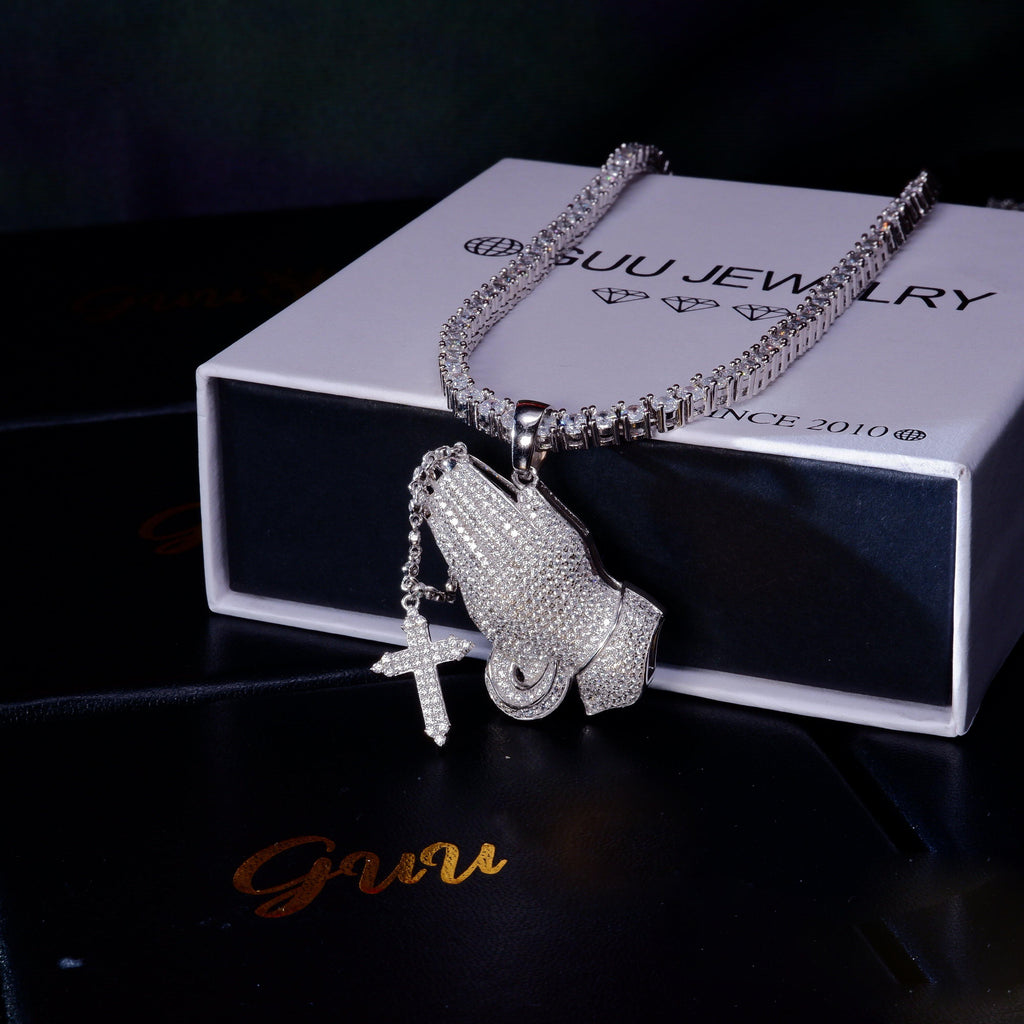 S925 Silver Iced  Praying hand BlingBling Pendant In WhiteGold-Plated