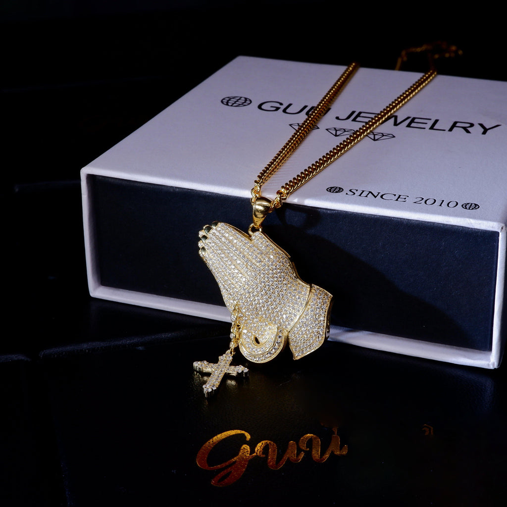 S925 Silver Iced  Praying hand BlingBling Pendant In Gold-Plated