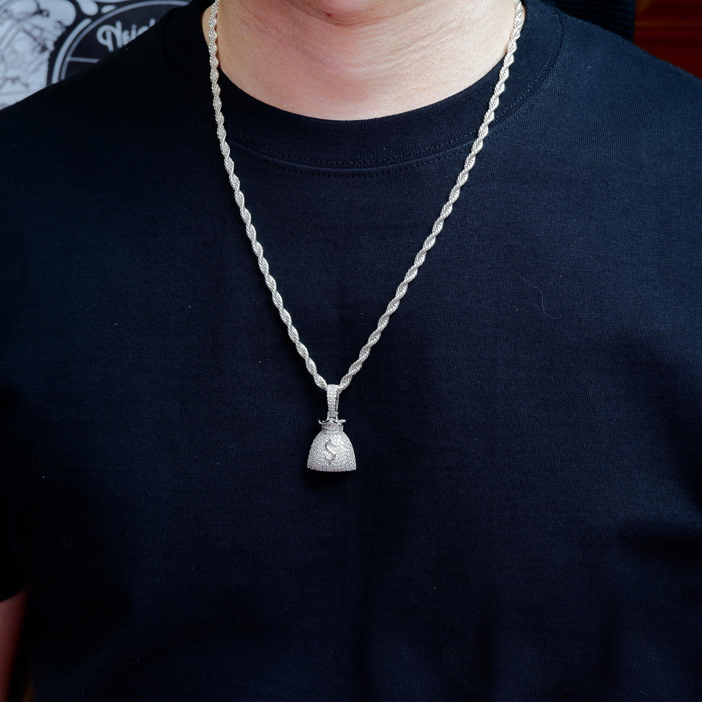 S925 Silver Money purse BlingBling Iced  Pendant In WhiteGold-Plated