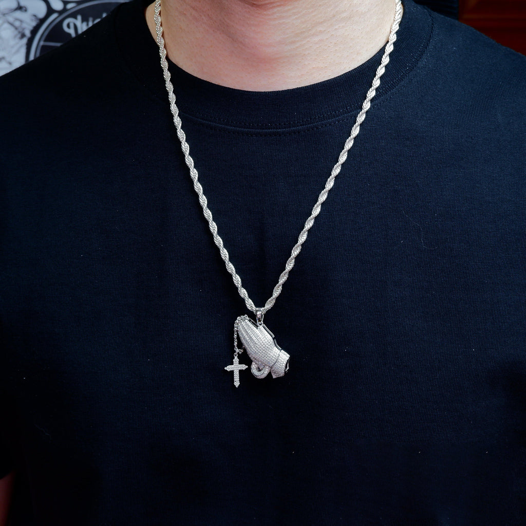 S925 Silver Iced  Praying hand BlingBling Pendant In WhiteGold-Plated