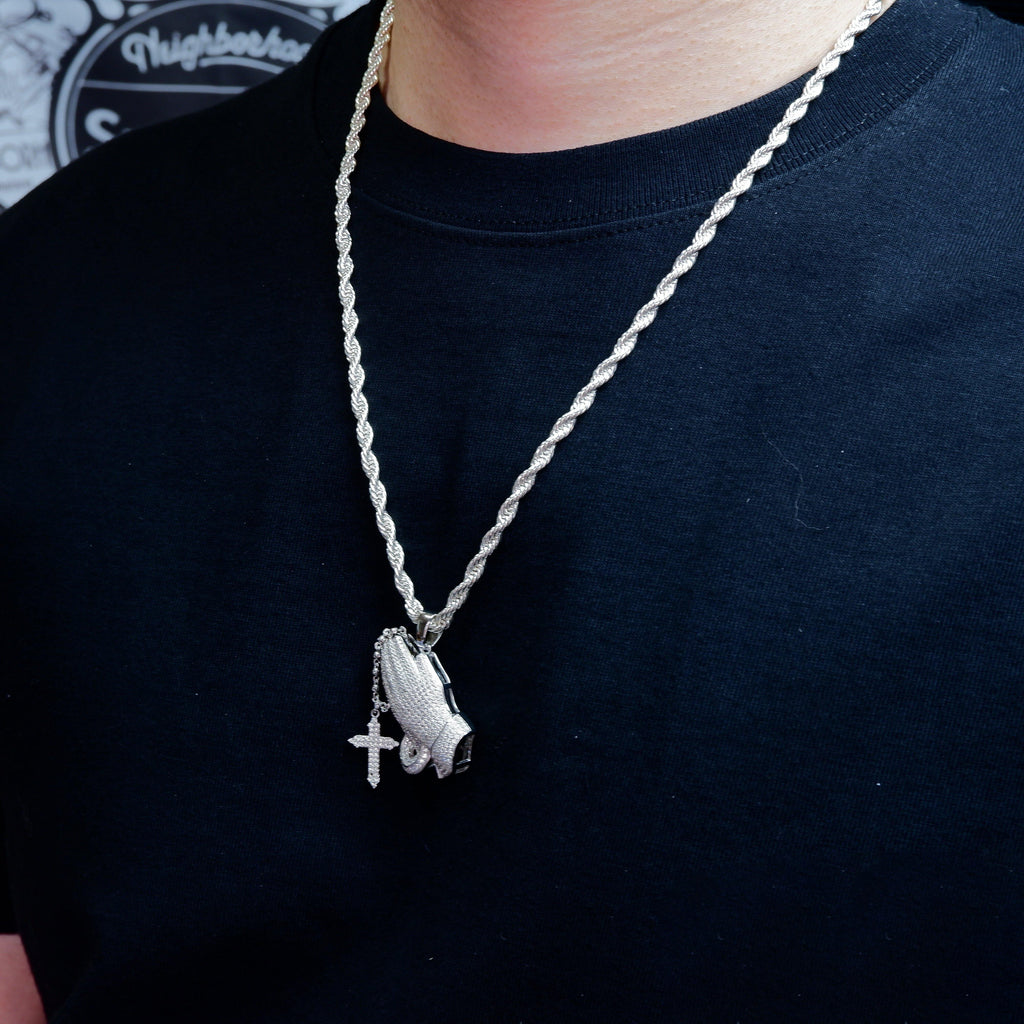 S925 Silver Iced  Praying hand BlingBling Pendant In WhiteGold-Plated