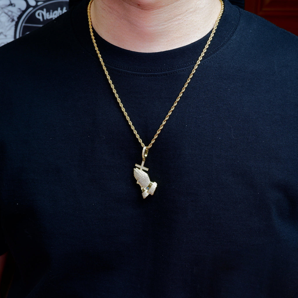 S925 Silver Praying BlingBling Iced  Pendant In Gold-Plated