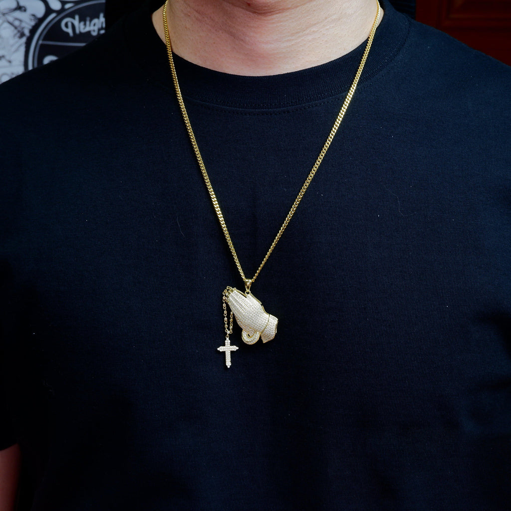 S925 Silver Iced  Praying hand BlingBling Pendant In Gold-Plated