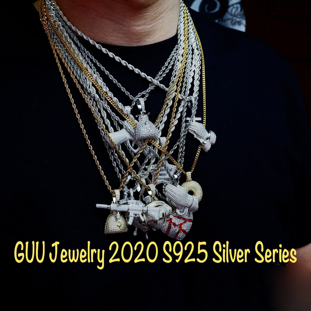 S925 Silver Iced  Praying hand BlingBling Pendant In WhiteGold-Plated