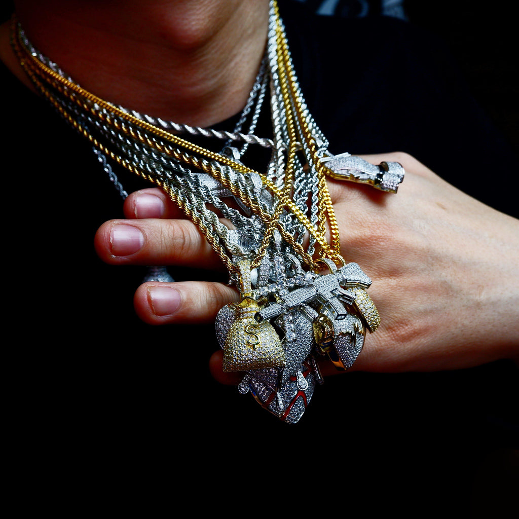 S925 Silver Money purse BlingBling Iced  Pendant In WhiteGold-Plated