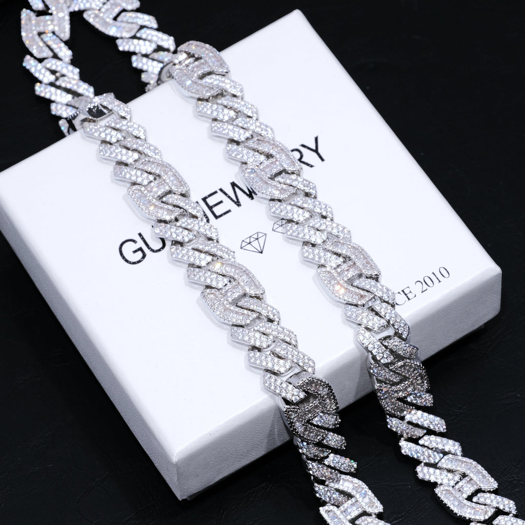15mm Prong Baguette Gucci Curb Chain White Gold - The GUU Shop