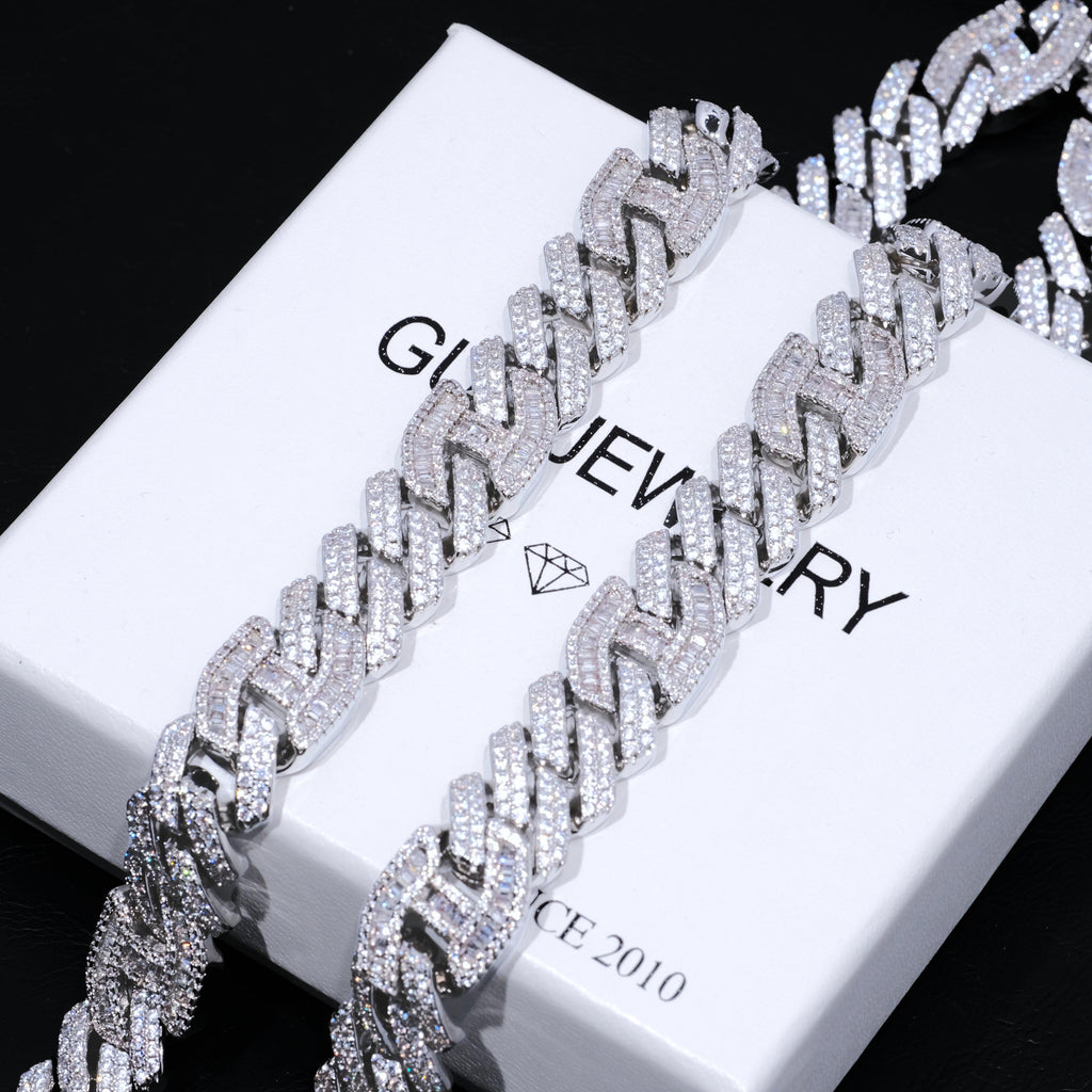 15mm Prong Baguette Gucci Curb Chain White Gold - The GUU Shop
