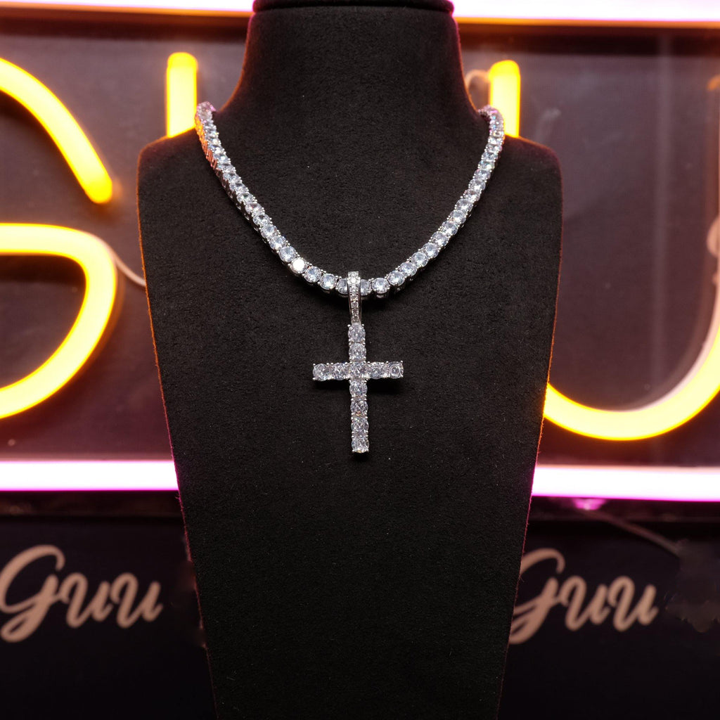 925 Sterling Silver Micro-inlay AAA CZ Cross Hip Hop Necklace