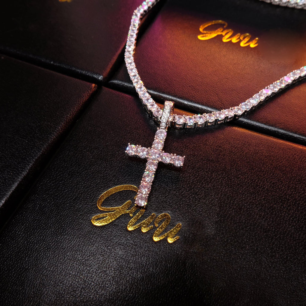 925 Sterling Silver Micro-inlay AAA CZ Cross Hip Hop Necklace