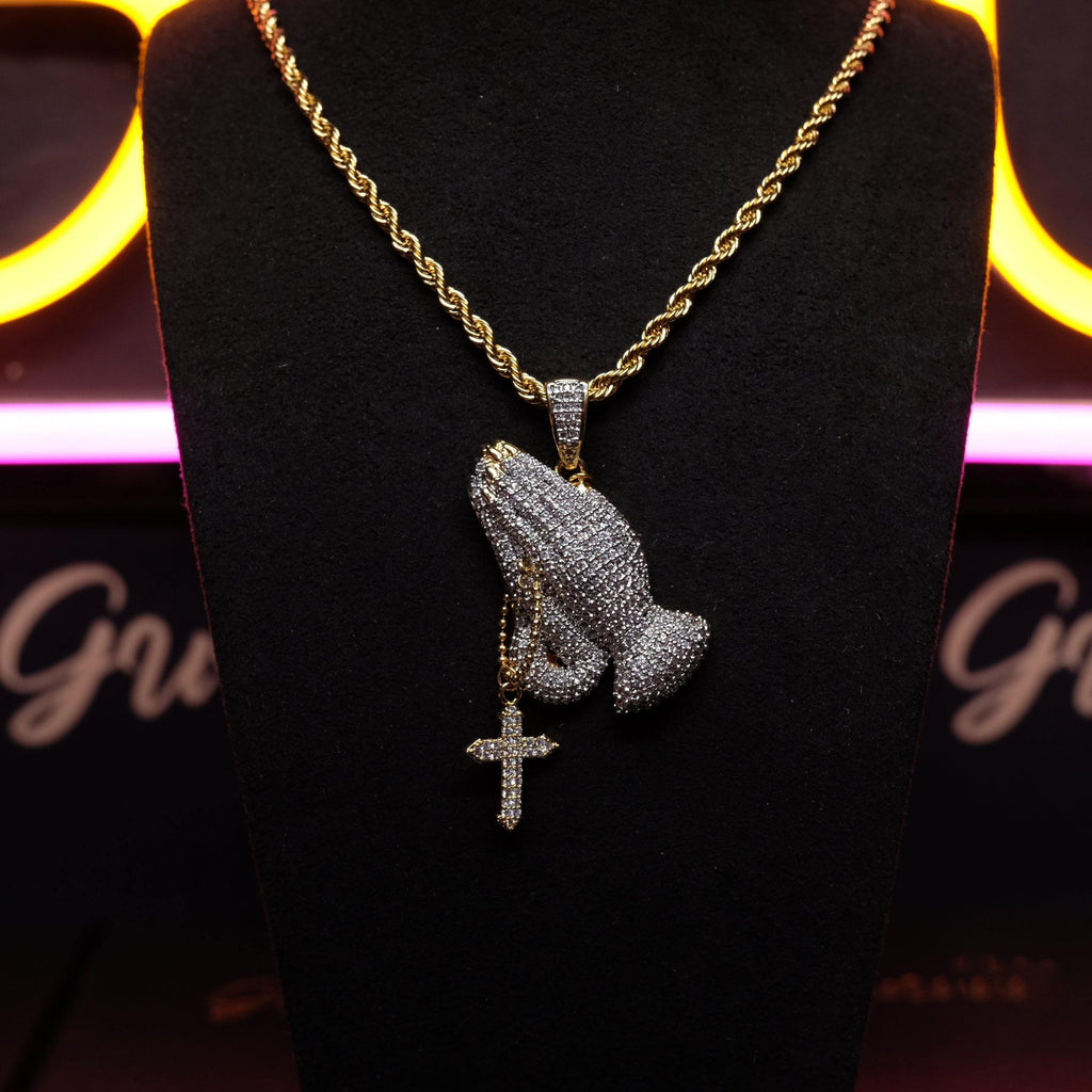 Iced Two-tone Prayer Gesture Cross Hip Hop Pendant Jewelry