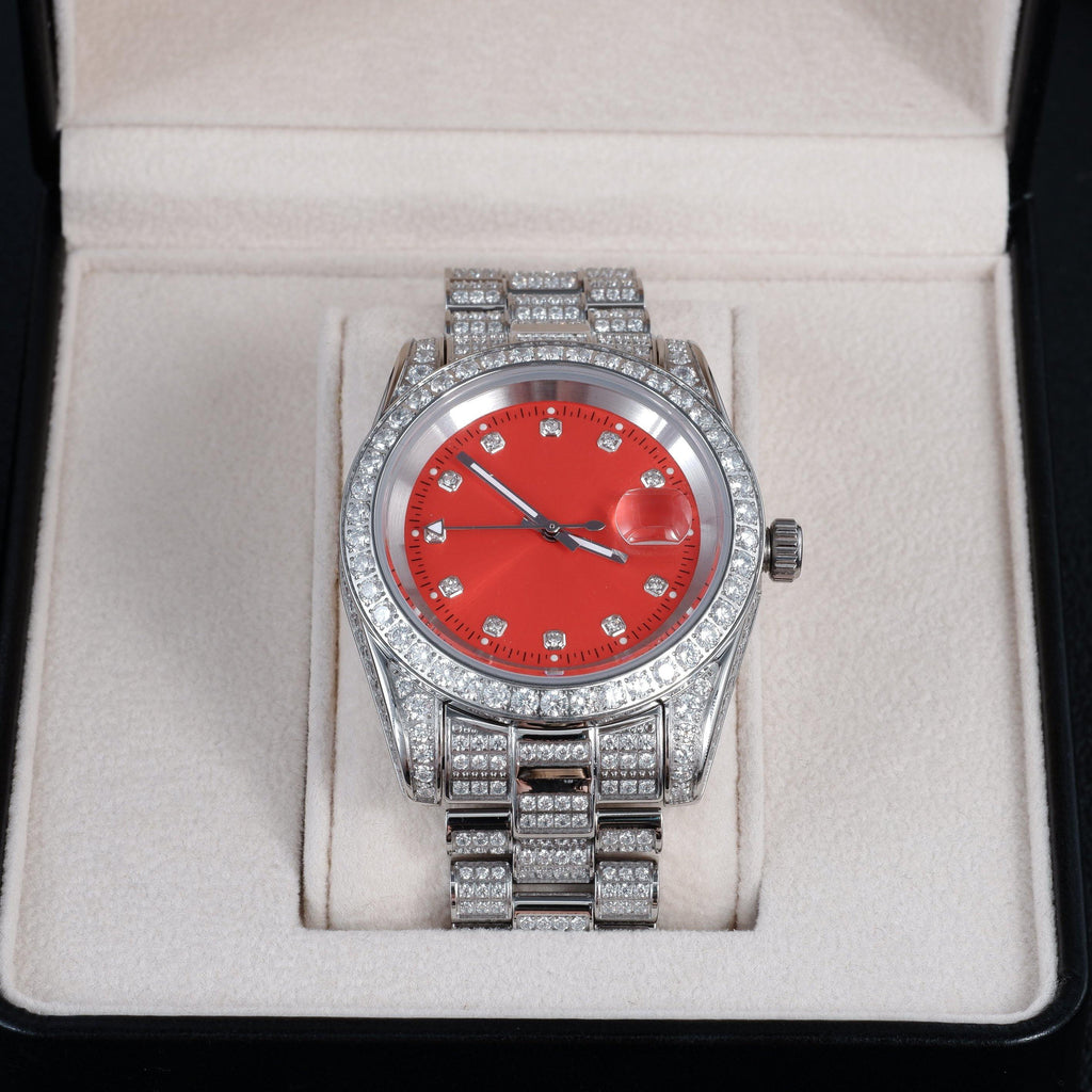 GUU Iced Watch Red Dial in WhiteGold