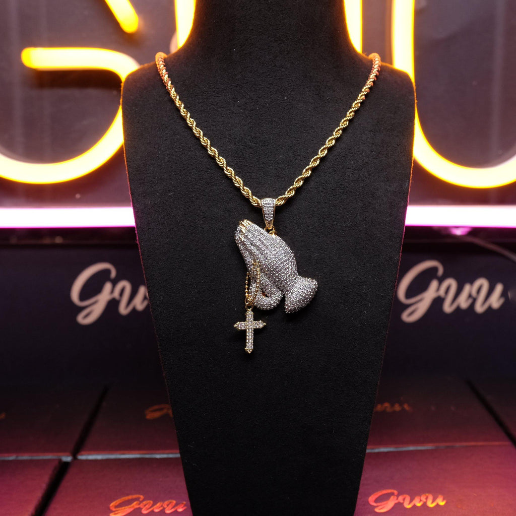 Iced Two-tone Prayer Gesture Cross Hip Hop Pendant Jewelry