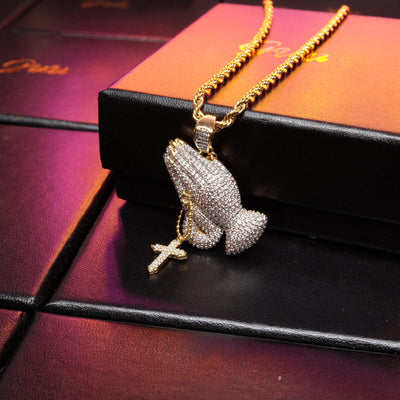 Iced Two-tone Prayer Gesture Cross Hip Hop Pendant Jewelry
