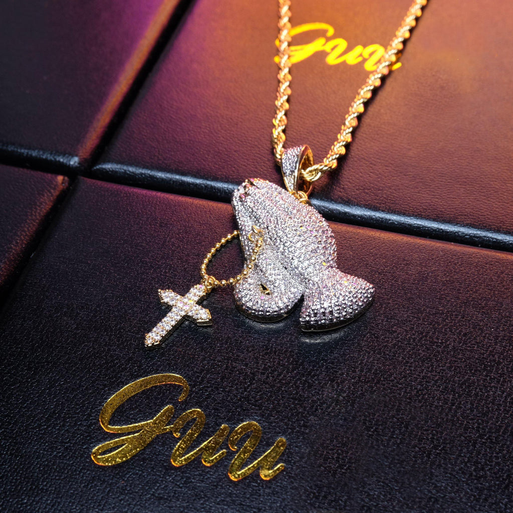 Iced Two-tone Prayer Gesture Cross Hip Hop Pendant Jewelry