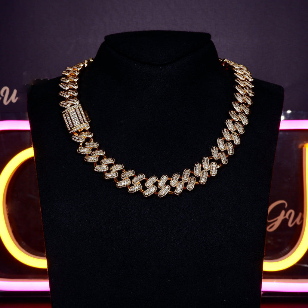 15mm 18K White/Gold-Plated BlingBling Baguette Iced Cuban Chain