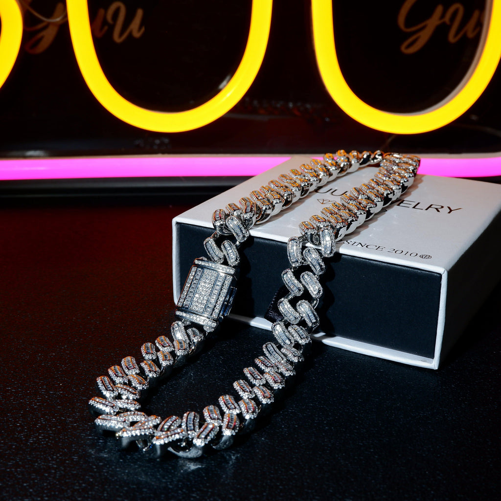 15mm 18K White/Gold-Plated BlingBling Baguette Iced Cuban Chain