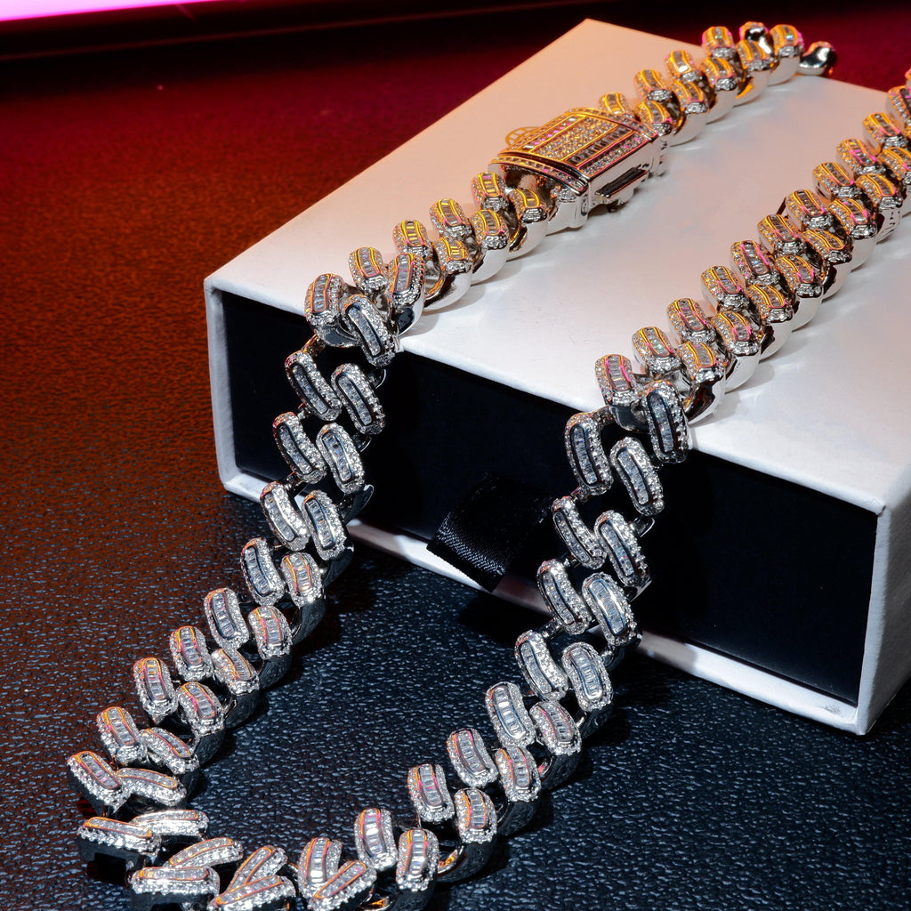 15mm 18K White/Gold-Plated BlingBling Baguette Iced Cuban Chain