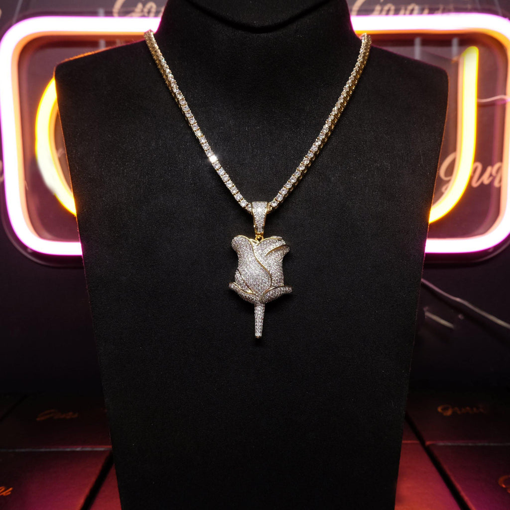 30mm  Iced Gold-Plated CZ  Rose Pendant & Cuban Link Chain