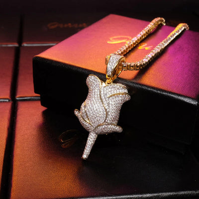 30mm  Iced Gold-Plated CZ  Rose Pendant & Cuban Link Chain