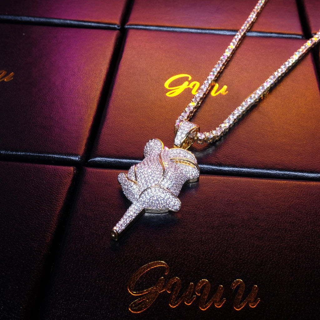 30mm  Iced Gold-Plated CZ  Rose Pendant & Cuban Link Chain