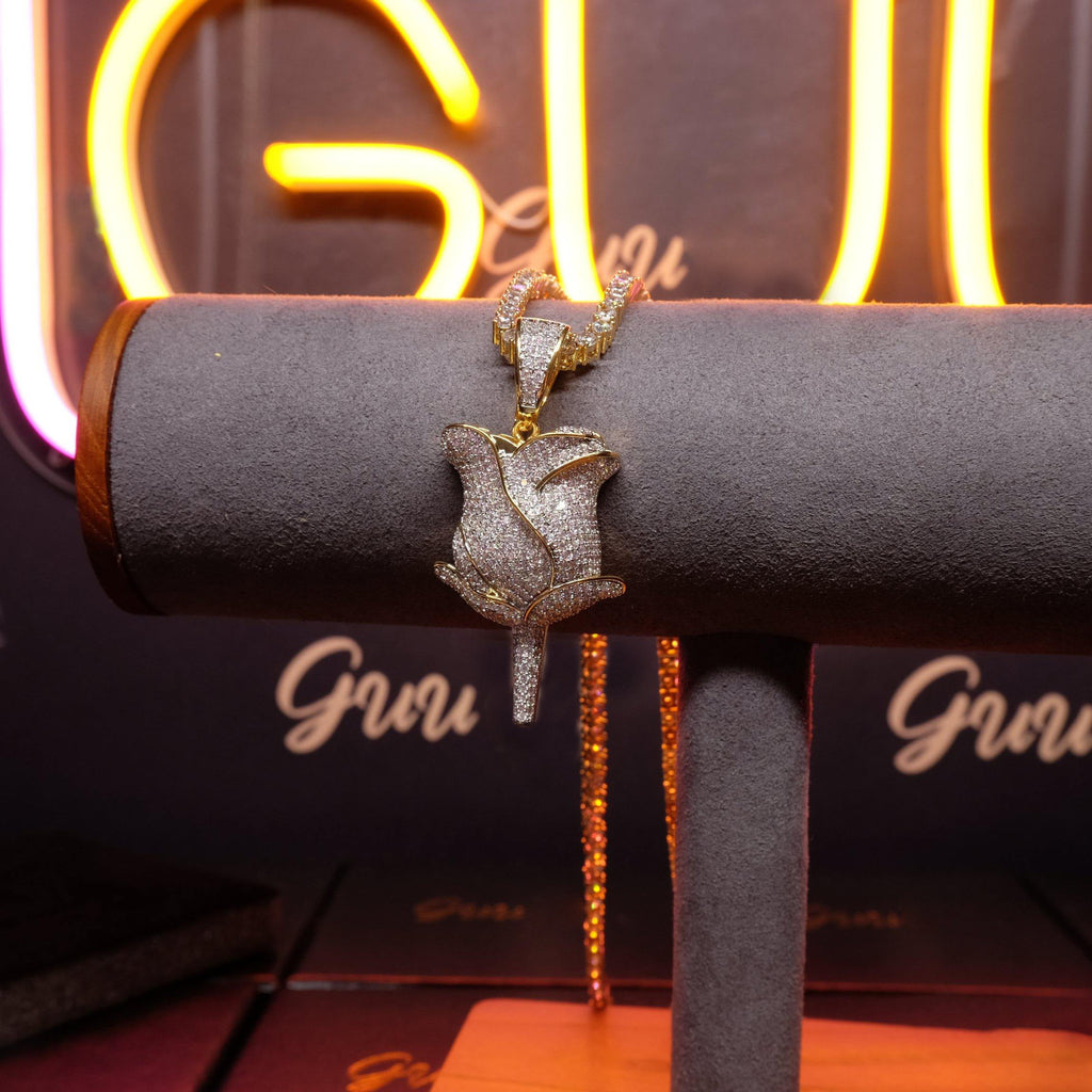 30mm  Iced Gold-Plated CZ  Rose Pendant & Cuban Link Chain