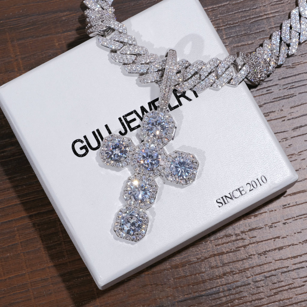Iced Large Gemstone Cross Necklace